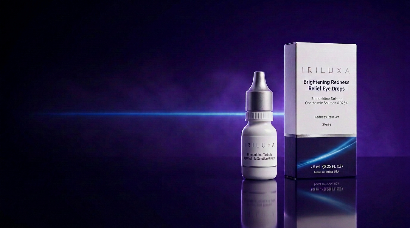 IRILUXA carton and dropper bottle lit by a single blue beam against a deep violet background