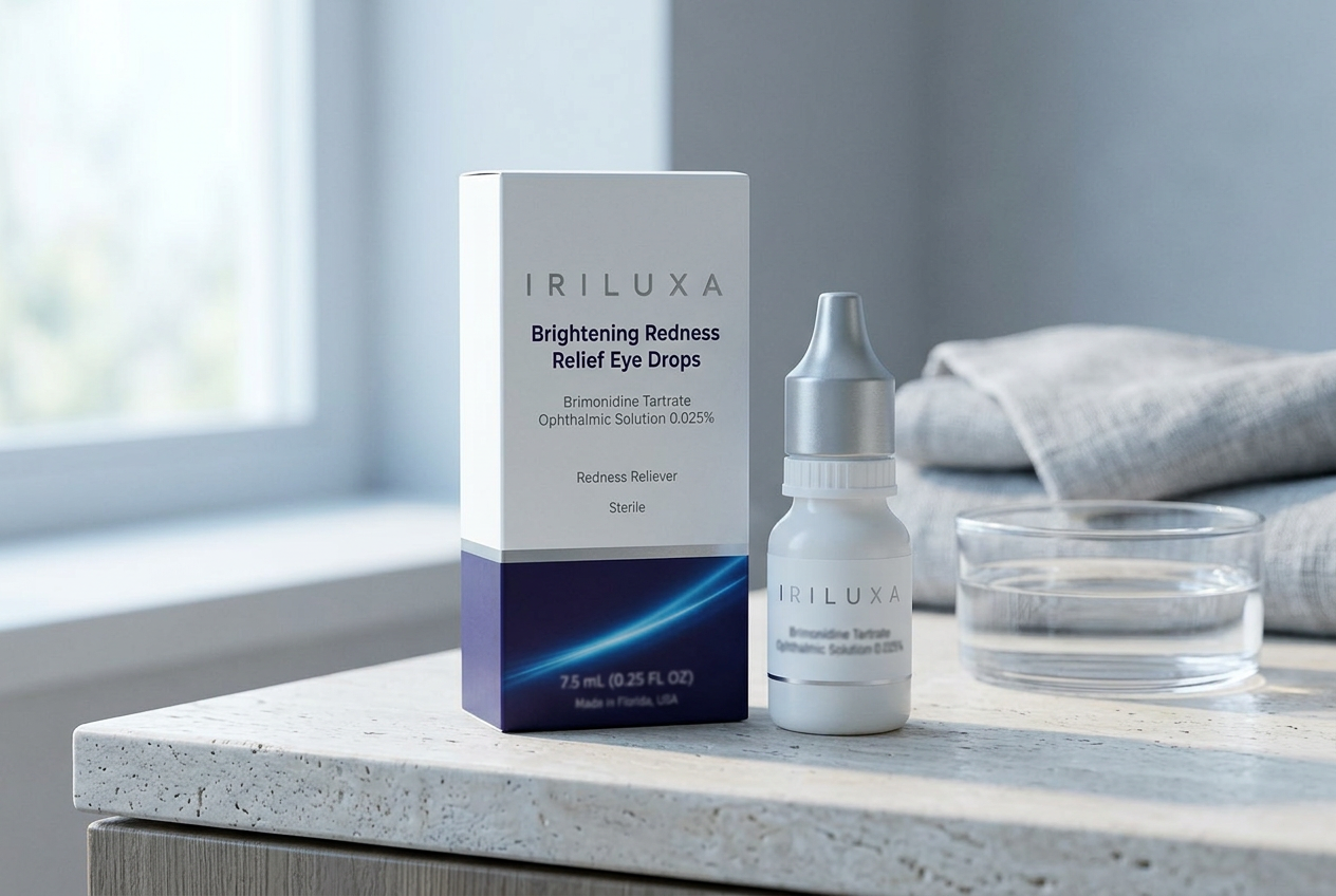 IRILUXA carton and bottle on a travertine bathroom counter in morning light