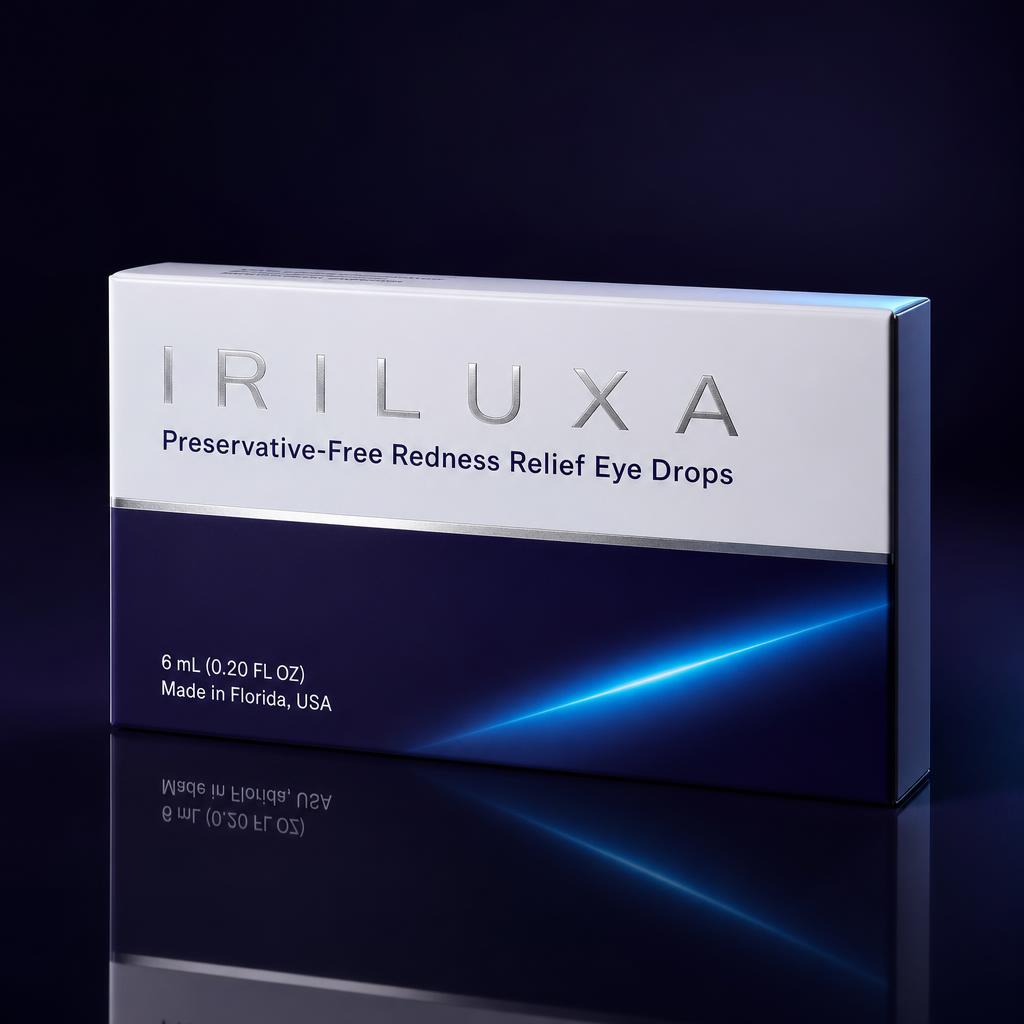 Angled view of the wide IRILUXA preservative-free carton on a midnight purple surface