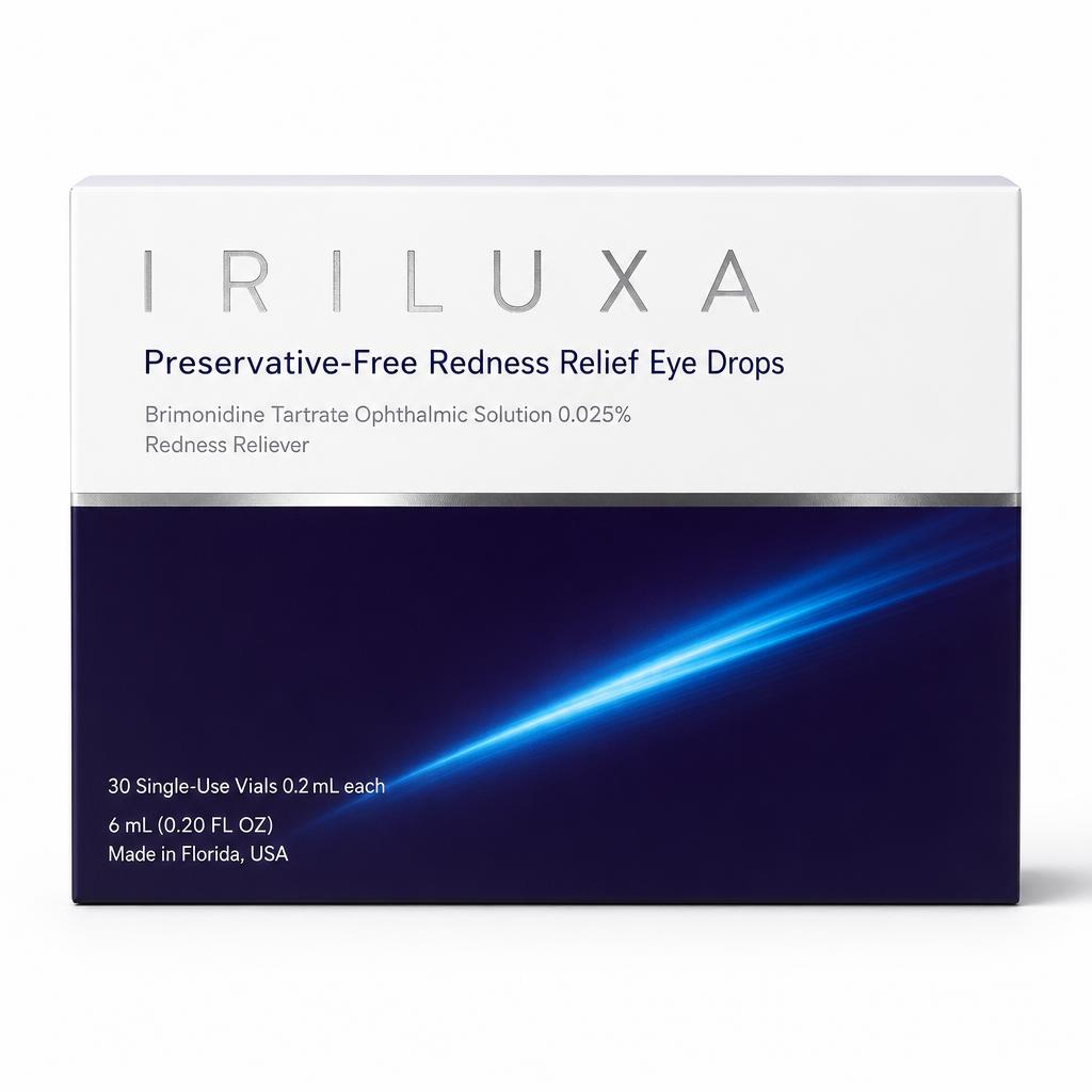 Wide IRILUXA preservative-free carton, front view, on a white background